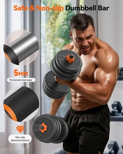 Highlights multiple safety and durability features of the dumbbell bar through visually segmented callouts, reassuring shoppers of quality construction and secure grip during workouts.