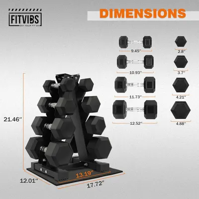 Communicates the exact physical dimensions of the dumbbell rack and individual dumbbells to help shoppers understand the space requirements and product size before purchase.