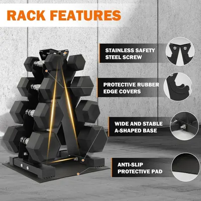 This image breaks down the physical components and structural features of the dumbbell rack to help shoppers understand its construction quality, safety features, and stability design.