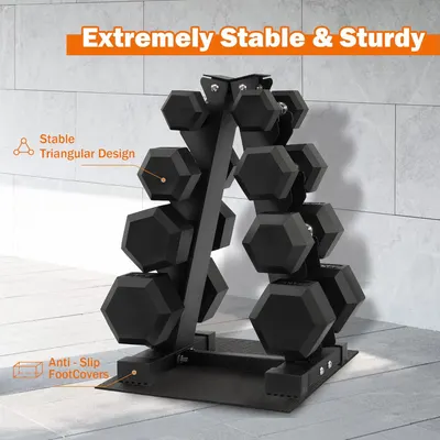 Highlights the structural design features that make the dumbbell rack stable and sturdy, pointing out the triangular base design and anti-slip foot covers to reassure shoppers of its safety and…