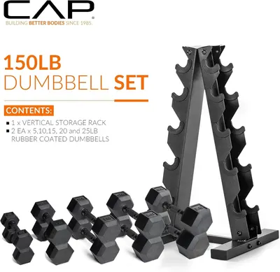 Shows the complete contents of the 150LB dumbbell set, including the vertical storage rack and multiple rubber-coated dumbbells in various weights, to help shoppers understand exactly what they…