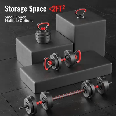Demonstrates the product's space-efficient design, showing that the entire dumbbell set requires less than 2 square feet of storage space, reassuring shoppers with limited home gym space. Highlights…