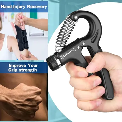Demonstrates multiple use cases for the hand grip strengthener, showing it's suitable for both injury recovery and general grip strength training. Highlights two distinct benefits in a segmented…