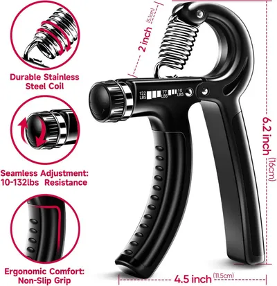 This image breaks down the hand gripper's key physical components and specifications, using zoom circles and dimension lines to highlight the steel coil construction, adjustable resistance dial,…