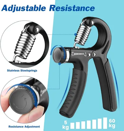 This image breaks down the physical components of the hand gripper, highlighting the stainless steel spring mechanism and the resistance adjustment dial to show shoppers how the product is…