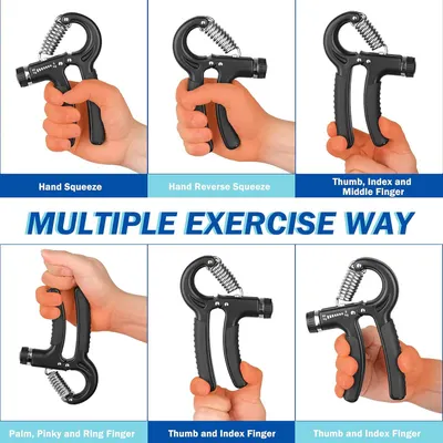 Demonstrates the multiple ways the hand gripper can be used to exercise different finger and hand muscle groups, showing versatility and comprehensive training options. Instructs shoppers on the…
