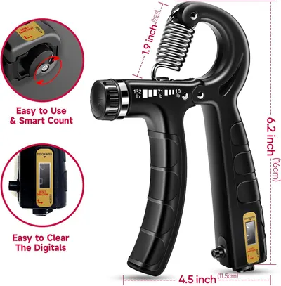 Communicates multiple distinct benefits of the hand gripper including ease of use, smart counting functionality, digital reset capability, and physical dimensions to help shoppers understand the…