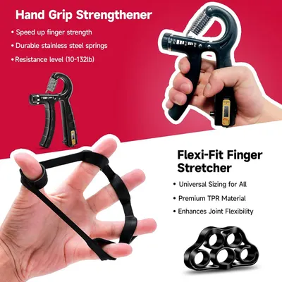 Showcases multiple distinct benefits of two complementary hand exercise products in a visually segmented layout to demonstrate the comprehensive hand strengthening solution.