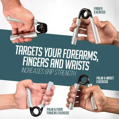 Demonstrates three different ways to use the hand grip strengthener to target forearms, fingers, wrists, and palm, helping shoppers understand proper usage and exercise variety. Highlights that the…