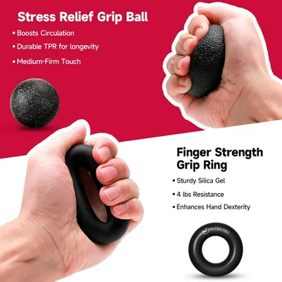 Showcases two distinct hand grip products with their respective benefits in a segmented layout, highlighting multiple features including stress relief, circulation, durability, finger strength, and…
