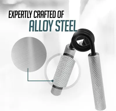 Highlights the premium alloy steel construction of the hand gripper handles, emphasizing quality and durability through a zoomed-in material detail callout. Communicates the quality and…