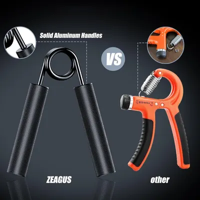 Demonstrates the superiority of the ZEAGUS hand gripper's solid aluminum handles compared to a competitor's plastic construction, emphasizing durability and quality.