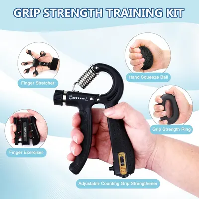 Shows all the items included in the grip strength training kit to help shoppers understand the complete bundle they will receive and the variety of training tools available.