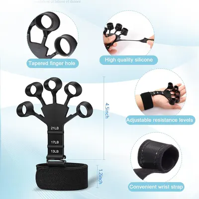 This image breaks down the hand grip strengthener by highlighting its key physical components and features—tapered finger holes, silicone material, adjustable resistance settings (13LB, 17LB, 21LB),…