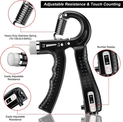 This image breaks down the hand gripper's key physical components and features, using zoom circles and callout lines to show the spring mechanism, resistance adjustment dial, and digital counter,…