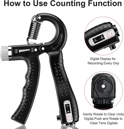 Explains how to use the digital counting feature on the hand gripper, showing the display for recording grips and the reset mechanism to clear the counter.