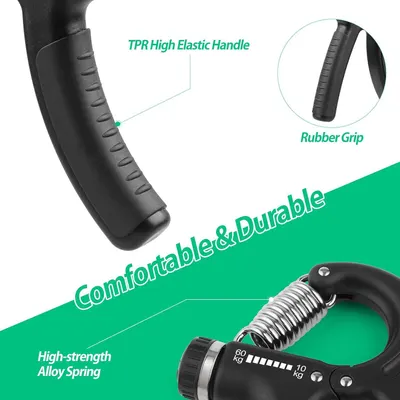 This image breaks down the physical components of the hand gripper, highlighting the TPR elastic handle, rubber grip, and alloy spring to show shoppers what the product is made of and emphasize its…