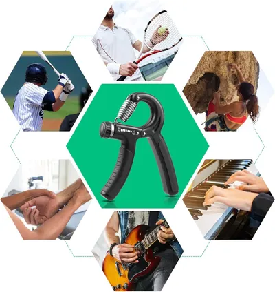 Demonstrates the hand gripper's versatility by showing it can be used across multiple sports and activities (baseball, tennis, rock climbing, piano, guitar, physical therapy), reassuring shoppers…