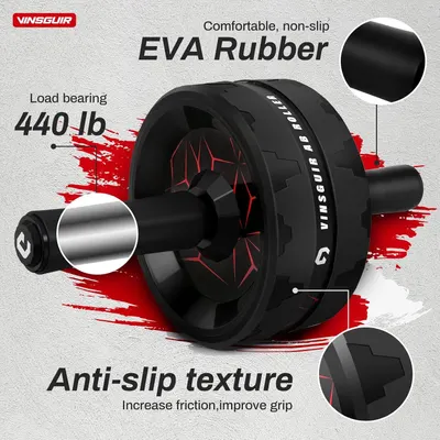 Breaks down the ab roller's key physical components and material features, highlighting the EVA rubber construction, anti-slip textured surface, and 440 lb load capacity to reassure shoppers of…