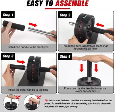Demonstrates the step-by-step assembly process for the ab roller, reassuring shoppers that the product is easy to put together with clear visual instructions. Highlights the product's ease of…