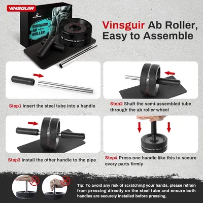 This image provides clear step-by-step assembly instructions for the ab roller, reassuring shoppers that the product is easy to set up and use safely.