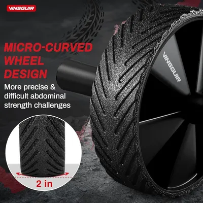 Highlights the specific micro-curved wheel design and textured surface pattern to demonstrate the product's engineering for more precise and challenging abdominal workouts. Communicates that the…