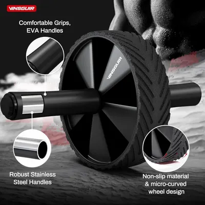 This image breaks down the key physical components of the ab roller wheel to show shoppers the quality materials and thoughtful design features that make it durable and comfortable to use.