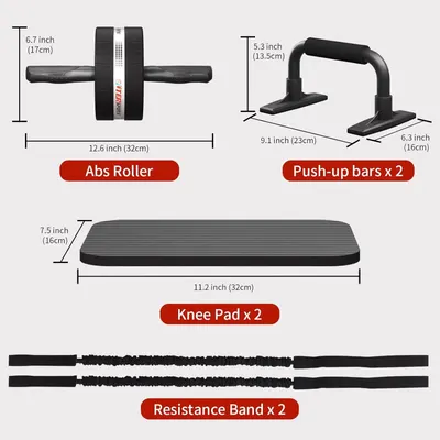 Shows all the items included in the fitness kit purchase, helping shoppers understand the complete bundle they will receive and the value of the package. Provides exact measurements for each piece…