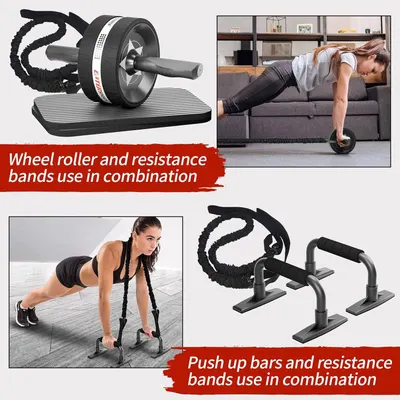 Demonstrates multiple use cases for the fitness equipment, showing how the wheel roller, resistance bands, and push-up bars can be used in different exercise scenarios to communicate versatility and…