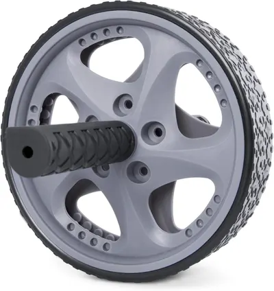Provides a clean, catalog-style view of the ab roller wheel product showing its tire-style design and textured grip handle without any distractions.