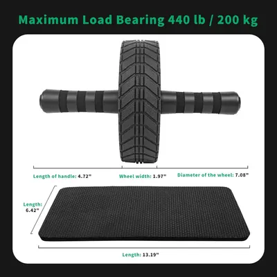 Communicates the exact physical dimensions of the ab roller wheel and mat, along with the maximum weight capacity, to help shoppers understand the product's size and durability specifications.…