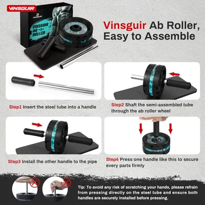 This image provides clear step-by-step assembly instructions for the ab roller, showing shoppers exactly how to put the product together quickly and easily, reducing setup concerns and emphasizing…