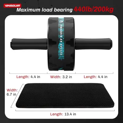 Communicates the exact physical dimensions of the ab roller wheel and mat, along with its maximum load bearing capacity, to help shoppers understand the product's size and weight capacity.…