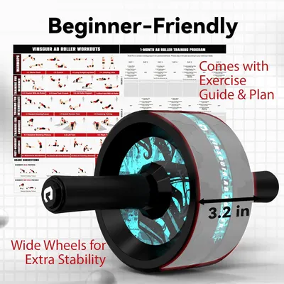 Communicates multiple selling benefits of the ab roller including its beginner-friendly design, included workout guide, wide wheel stability, and specific wheel dimensions to reassure shoppers this…
