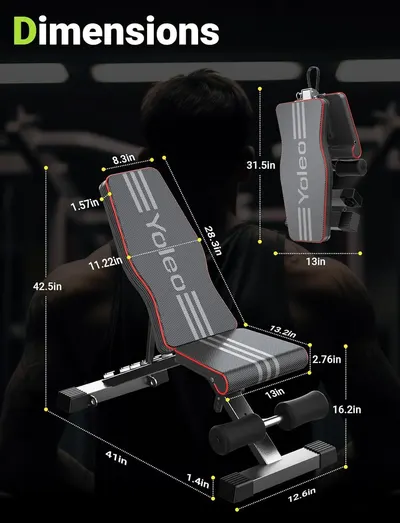 Provides detailed measurements of the workout bench in multiple positions to help shoppers understand the exact physical size and space requirements of the product.