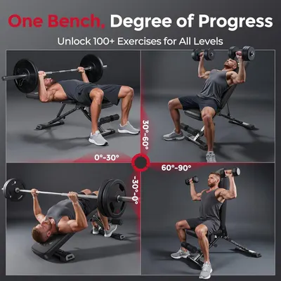 Demonstrates how the adjustable bench can be used at different angles (0-30 degrees and 60-90 degrees) to unlock 100+ exercises for all fitness levels, showing versatility and proper usage. Shows…