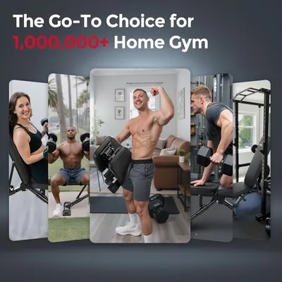 Builds social proof by showing real customers using the home gym equipment in various settings, demonstrating its popularity and versatility with over 1 million users. Leverages the metric of…