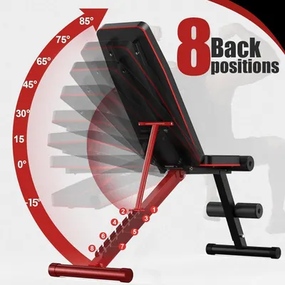 Communicates the versatility and customization of the workout bench by showing it can be adjusted to 8 different back positions ranging from -15° to 85°, allowing users to perform a wide variety of…