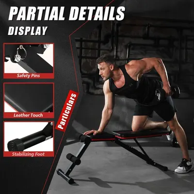 Highlights the key physical components and construction details of the workout bench to reassure shoppers of its quality, safety features, and stability.