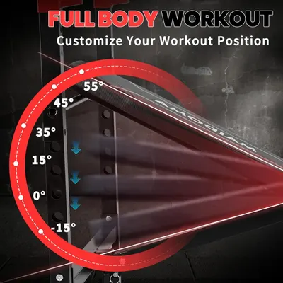 Communicates that the workout bench offers multiple adjustable angle positions (from -15° to 55°) to customize workout positioning for full body exercises.