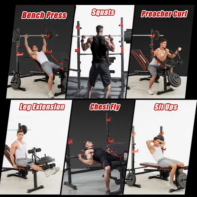 Demonstrates the versatility of the weight bench by showing six different exercises that can be performed with the equipment, reassuring shoppers that this is a multi-functional home gym solution.