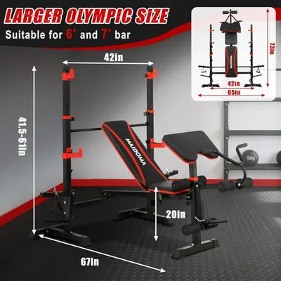 Communicates the physical dimensions of the weight bench (67in x 41.5-61in x 42in) and its compatibility with 6' and 7' Olympic bars to help shoppers understand if it fits their space and equipment.