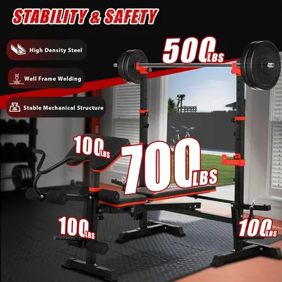 Communicates the weight capacity of different parts of the equipment (500 lbs barbell, 700 lbs bench, 100 lbs accessories) to reassure shoppers about the product's strength and stability for heavy…