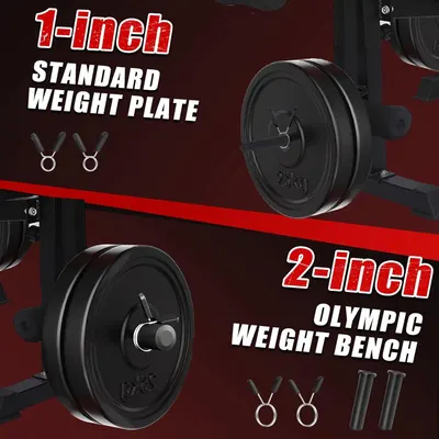 Communicates that the product offers compatibility with both 1-inch standard weight plates and 2-inch Olympic weight benches, reassuring shoppers about versatility and fit with their existing…