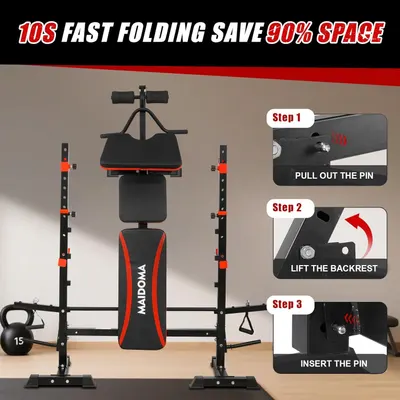 Demonstrates the 3-step folding process to show shoppers how quickly and easily the bench can be set up or stored, emphasizing the 10-second folding time and 90% space savings. Highlights…