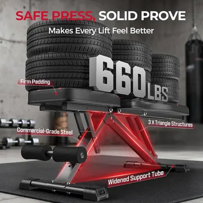 Breaks down the weight bench's key structural components and materials to demonstrate its durability, safety, and commercial-grade construction quality. Highlights the impressive 660-pound weight…