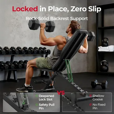 Demonstrates the product's superior locking mechanism and safety features compared to competitor benches with shallow grooves and no fixed pin, reassuring shoppers of stability and safety during…