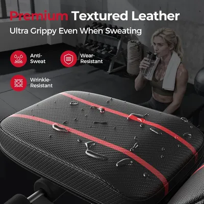Communicates multiple material benefits of the workout bench to reassure shoppers that it's durable, comfortable, and functional even during intense sweaty workouts.