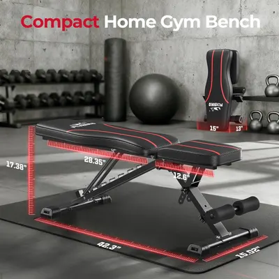 Communicates the exact physical dimensions of the gym bench to help shoppers understand its size and ensure it fits their home gym space. Highlights the compact, space-efficient design of the bench…