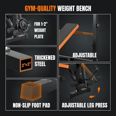 This image showcases multiple distinct features and benefits of the gym-quality weight bench in a segmented layout, highlighting its versatility, durability, stability, and adjustability to reassure…